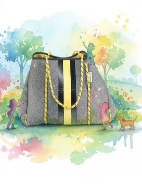 AH-DORNED ~ Large Gray Bag w/Yellow Racing Stripe Bungee Cord Style Handle
